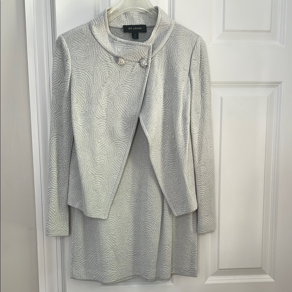 St. John Textured Silver skirt and Jacket Set